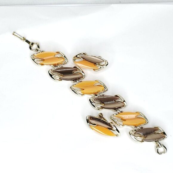 Vtg Chunky MCM Moonglow Lucite Bracelet Earring Set Goldtone Brown Orange - Picture 2 of 8